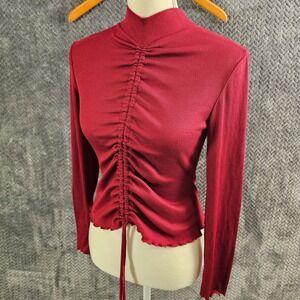 Ruched Mock Neck Long Sleeve Ribbed Crop Top Red Sugar Moon Size‎ M